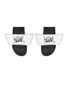 Badelatschen "RINSCHI Logo" weiß, schwarze Sohle